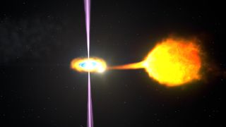 An artist's impression of a black-widow pulsar tearing material from a companion star.