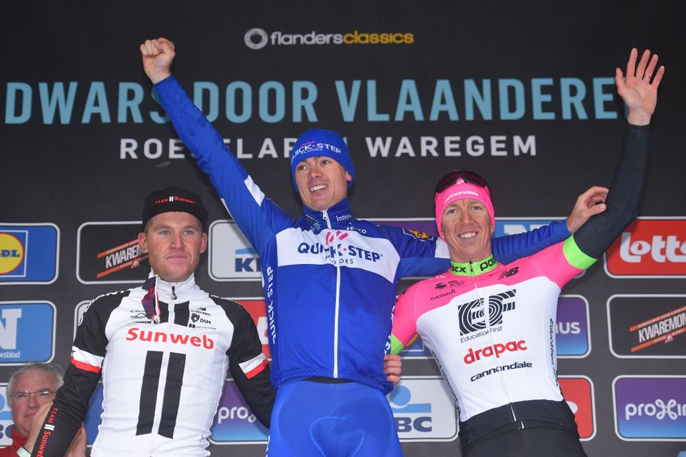 The 2018 Dwars door Vlaanderen podium (l-r): Mike Teunissen (Team Sunweb), Yves Lampaert (Quick-Step Floors) and Sep Vanmarcke (EF Education First-Drapac)