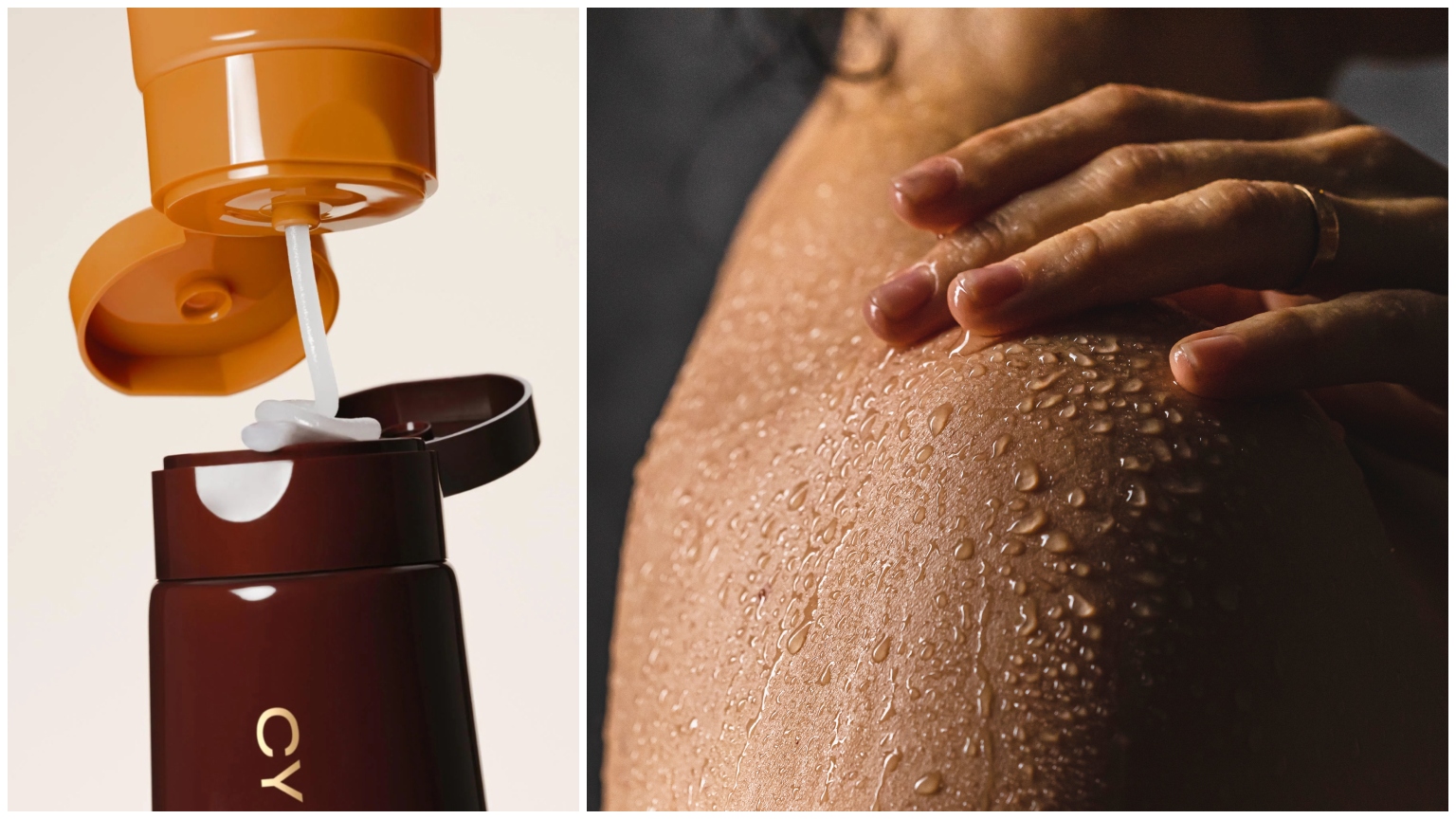 Split image of cyklar in-shower oil balm squeezing into tube with woman&#039;s wet should in shower