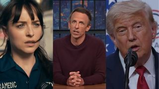 Screenshot of Dakota Johnson in a paramedic uniform beside Seth Meyers sitting at his desk on Late Night and Donald Trump standing at a microphone for press conference. Side by side.