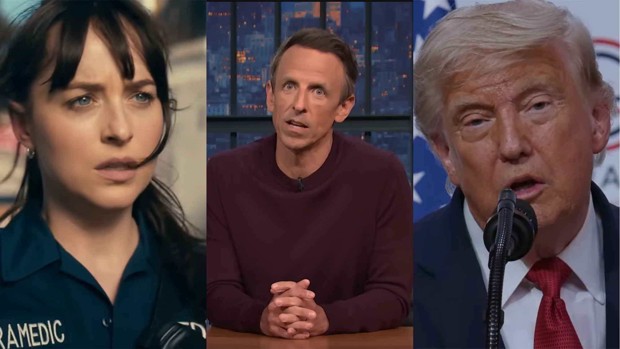 Screenshot of Dakota Johnson in a paramedic uniform beside Seth Meyers sitting at his desk on Late Night and Donald Trump standing at a microphone for press conference. Side by side.