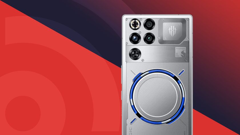 The RedMagic 11 Pro on a red TechRadar background