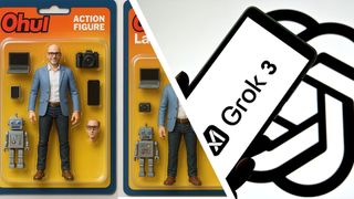 Lance Ulanoff's action figure next to the Grok 3 logo displayed on a smartphone with a ChatGPT logo on the background