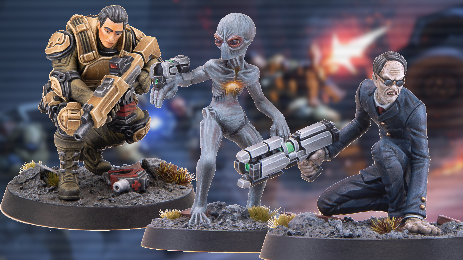 Three models from the XCOM miniatures game against a CRT-style image of warriors fighting