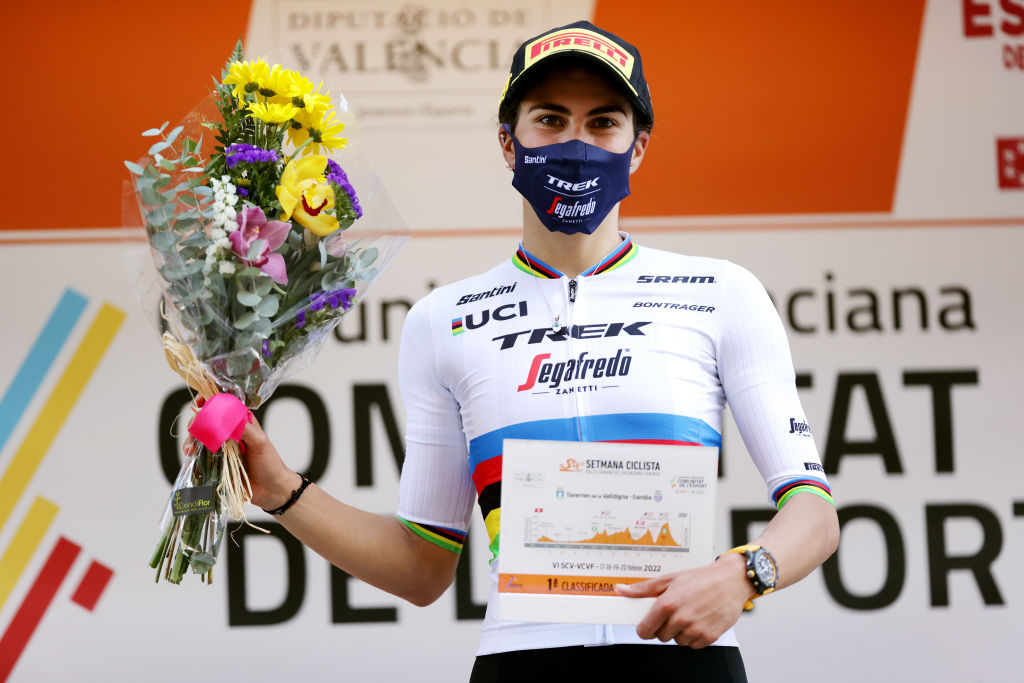 GANDIA SPAIN FEBRUARY 17 Elisa Balsamo of Italy and Team Trek Segafredo celebrates at podium as stage winner after the 6th Setmana Ciclista Valenciana Vuelta Comunidad Valenciana Feminas 2022 Stage 1 a 114km stage from Tavernes de la Valldigna to Gandia VoltaCVFemines22 on February 17 2022 in Gandia Spain Photo by Gonzalo Arroyo MorenoGetty Images