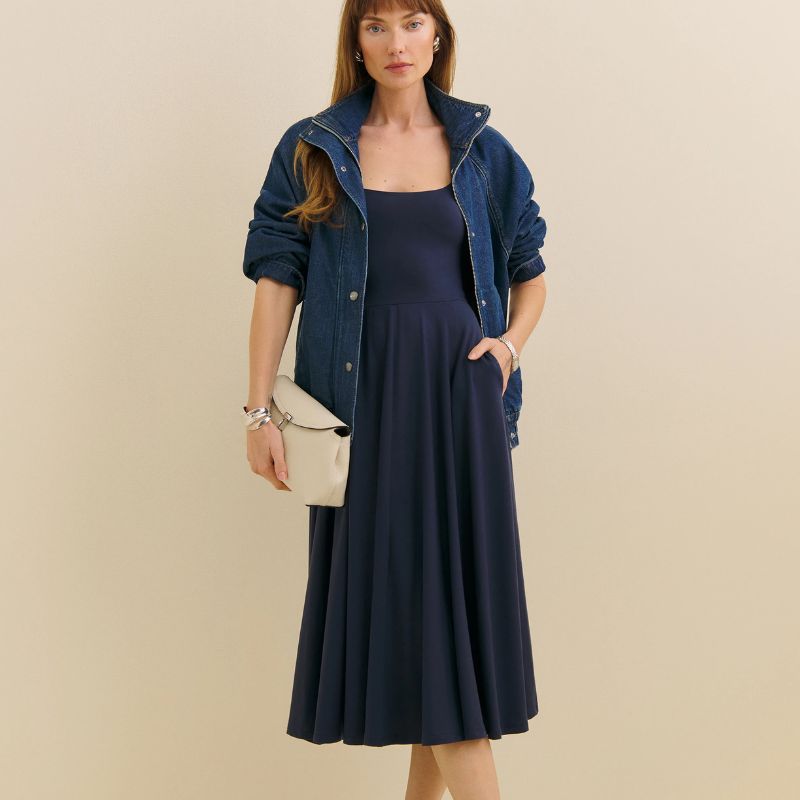 fit and flare navy dress with denim bomber jacket