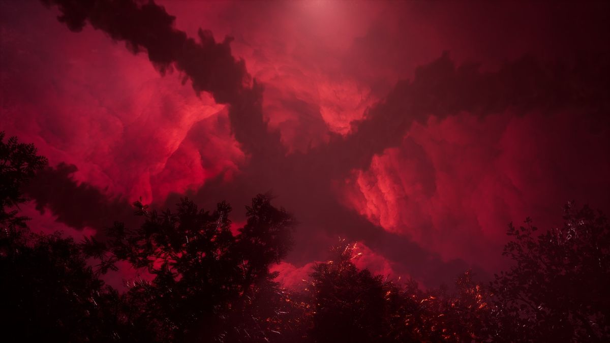 The Casting of Frank Stone screenshot of a red sky with four black smokey tendrils splayed out from the center