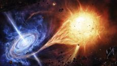 A black hole sucks material from a nearby star a.
