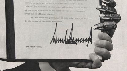 Photo collage of a signed executive order being held up by Trump's hand, as well as a robot hand