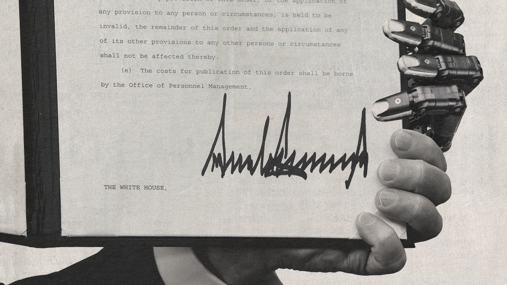 Photo collage of a signed executive order being held up by Trump's hand, as well as a robot hand