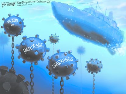 Political Cartoon U.S. naval ship pandemic warning bombs no action