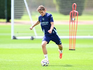 Max Dowman of Arsenal during the Arsenal U18 training session at Sobha Realty Training Centre on July 11, 2024 in London Colney, England.