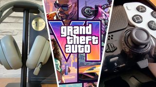 A three-way image showing GTA 6 key art, a SteelSeries Arctis Nova Elite headset, and a DualSense Edge controller