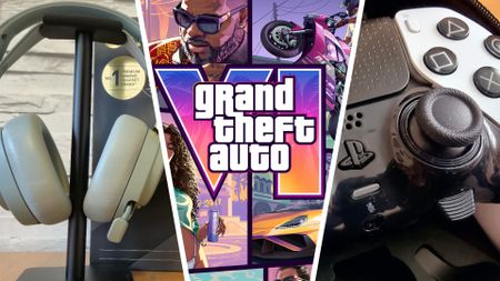 A three-way image showing GTA 6 key art, a SteelSeries Arctis Nova Elite headset, and a DualSense Edge controller
