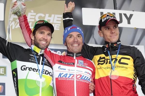 The 2012 Fleche Wallonne podium: Michael Albasini (GreenEdge), Joaquim Rodriguez (Katusha) and Philippe Gilbert (BMC)