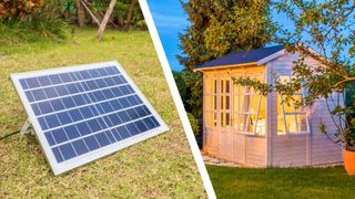 Split image of a portable solar panel in a garden, and a garden shed illuminated in the evening