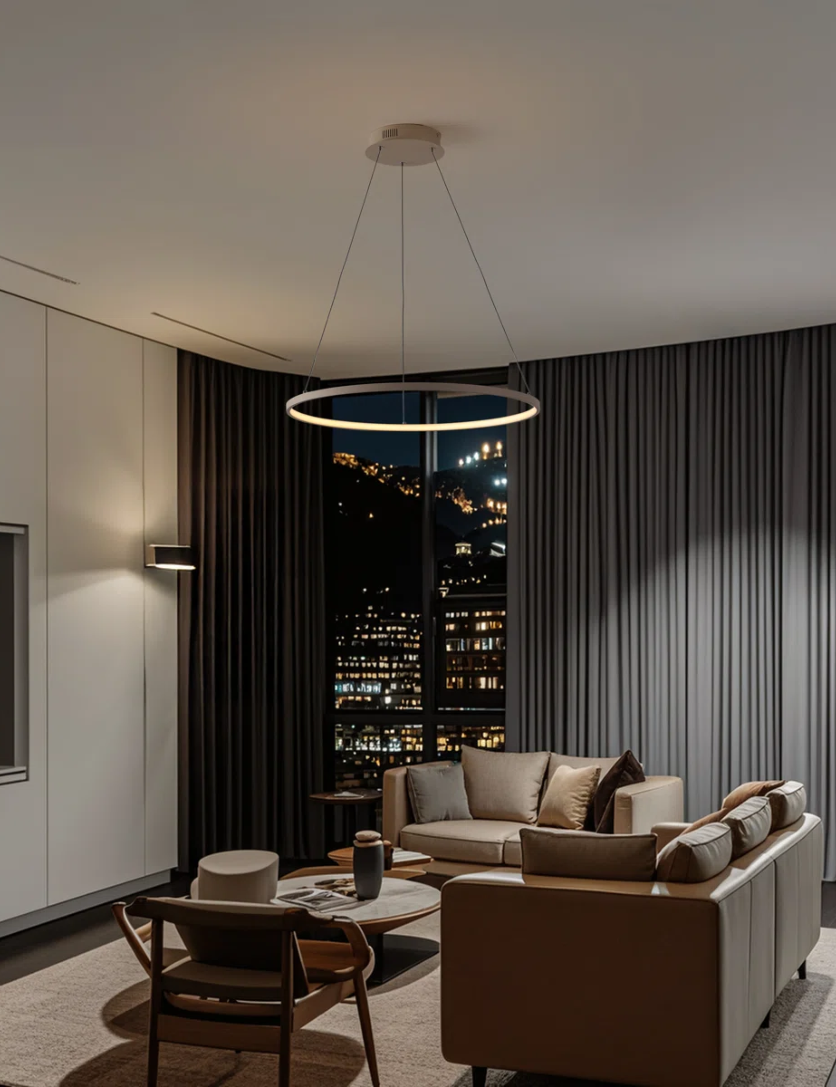 LED ring shaped pendant light featured in a modern living room