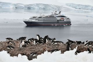 Cruise ship gliding past penguins in Antarctica