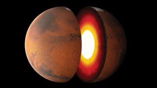 Graphic illustration showing the layers of Mars against the backdrop of space.
