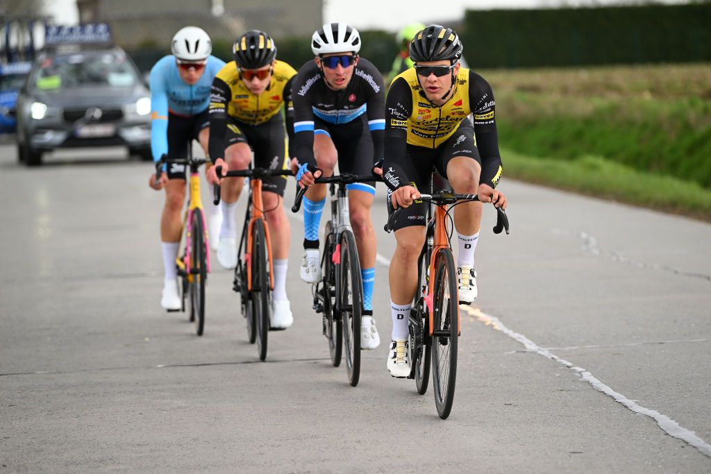 BREDENE BELGIUM MARCH 17 Andreas Goeman of Belgium and Team Tarteletto Isorex competes in the breakaway during the 21th Bredene Koksijde Classic 2023 a 1916km one day race from Bredene to Koksijde on March 17 2023 in Koksijde Belgium Photo by Luc ClaessenGetty Images