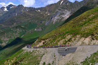 The Col du Tourmalet is climbed by the peloton at the Route d'Occitanie