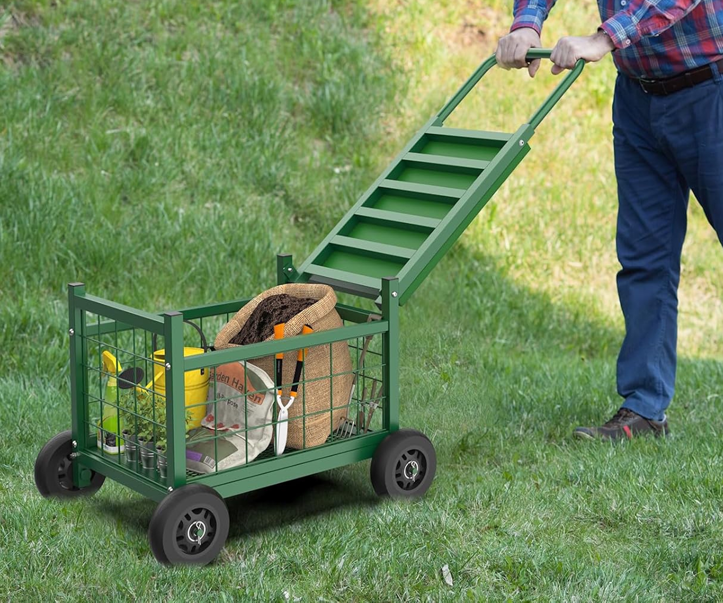 Amazon garden stool cart on a lawn