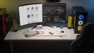 Gaming desk with Corsair branded products 
