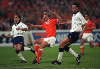 13 October 1993 Rotterdam, World Cup Qualifying match, Netherlands v England, Ronald Koeman scores a goal from a free kick. (Photo by Mark Leech/Offside via Getty Images)