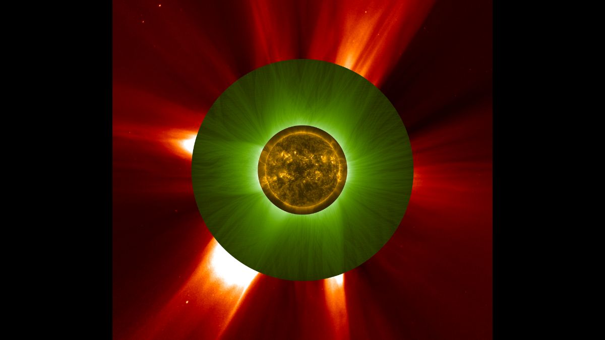 A glowing yellow ball is at the center of a green disk on a red background
