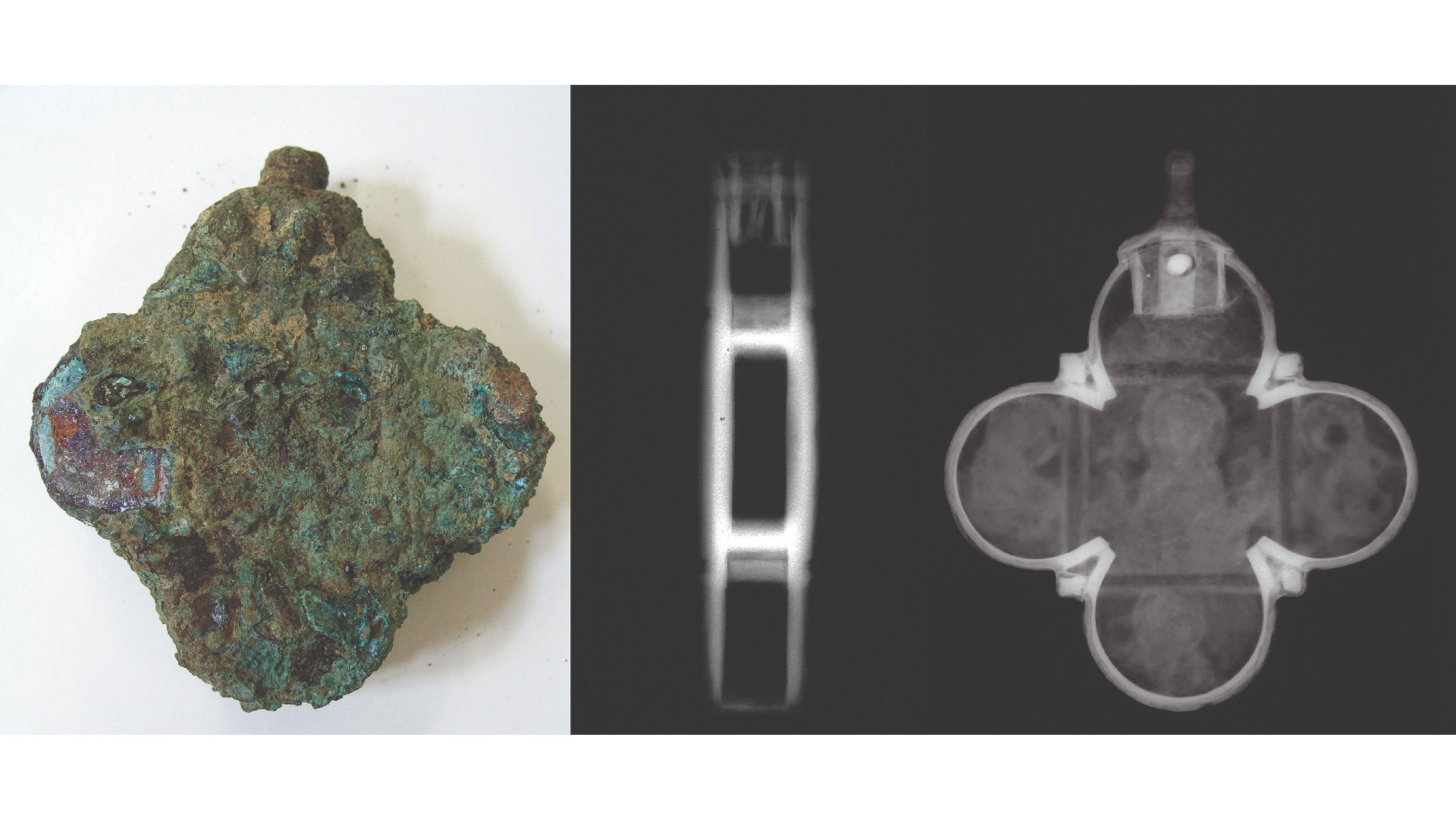 The pendant was heavily corroded when it was discovered in 2008 during excavations of an ancient rubbish pit in the German city of Mainz, after lying there for at least 600 years.  Left is the corroded pendant in a four-leaf clover/cross shape.  Right is an x-ray image of the pendant.