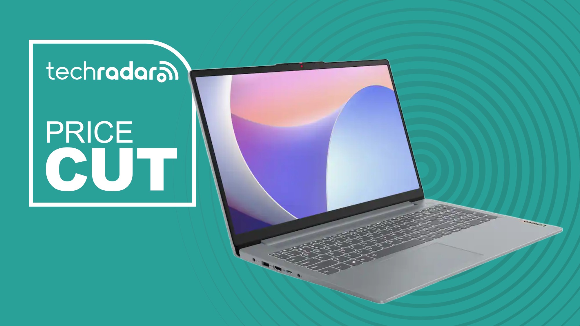 The Lenovo IdeaPad Slim 3i  on a green background next to a white TechRadar badge that reads 'Price Cut'