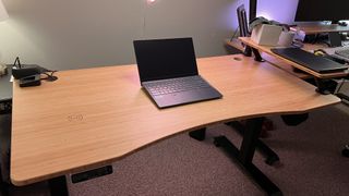 FlexiSpot E7 Standing Desk with a laptop in a home office