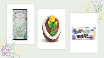 Three Easter candies side-by-side on a collage background for w&h's Easter candy 2023.