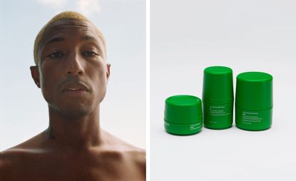 Close up of Pharrell Williams & green skincare products