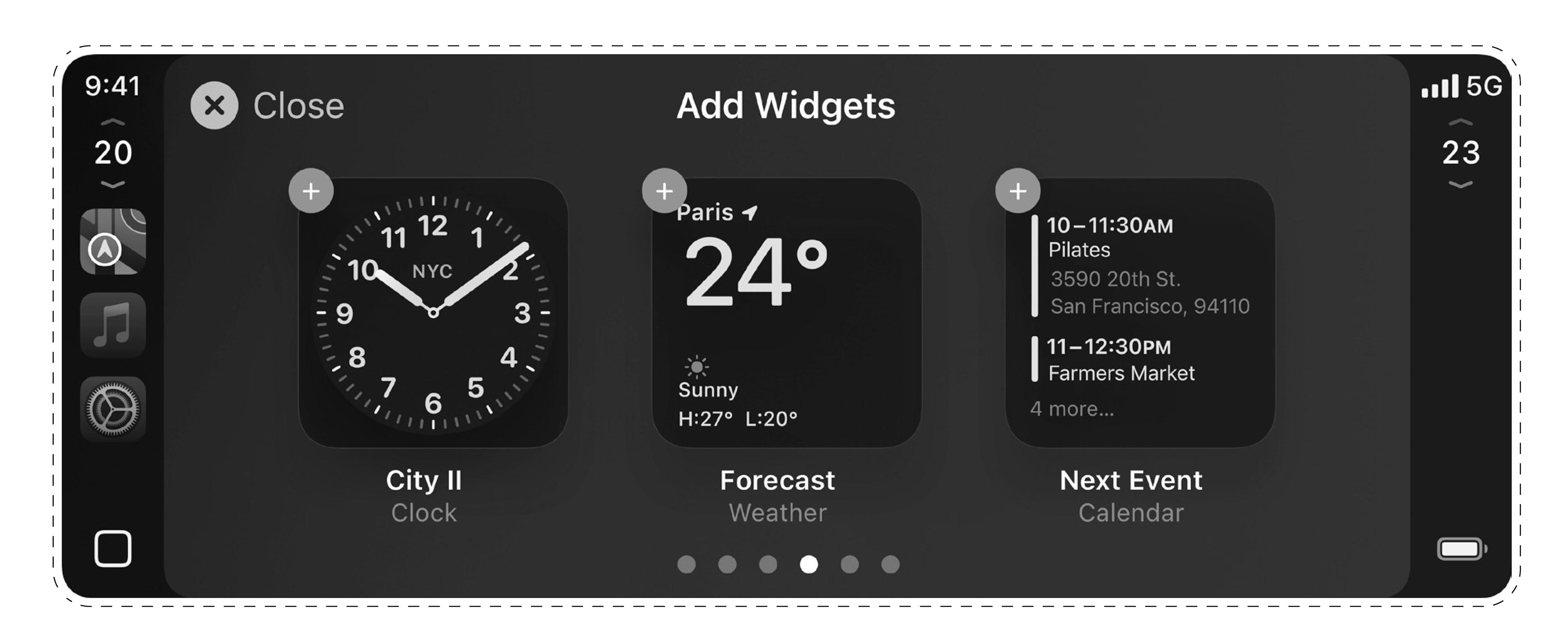 The purported design of a set of Apple CarPlay 2 widgets.