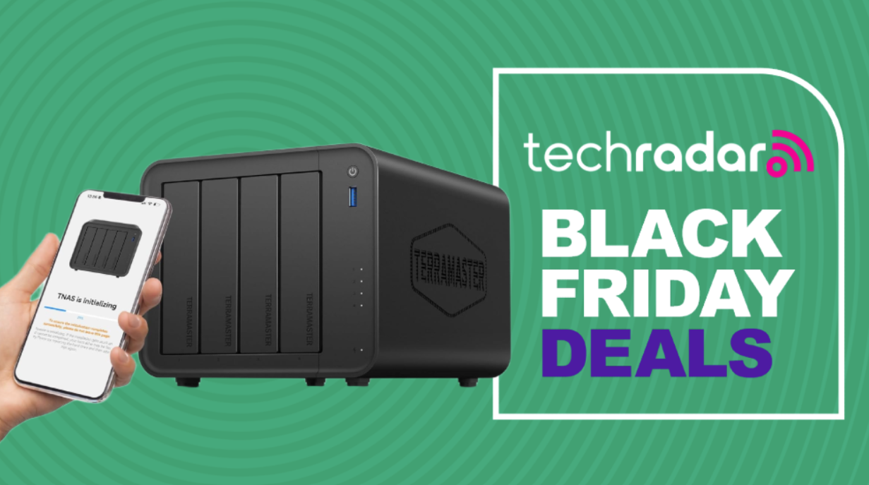 A Terramaster F4-425 4-Bay NAS device with a hand using the companion app on a green background next to a TechRadar badge reading 'Black Friday deals'
