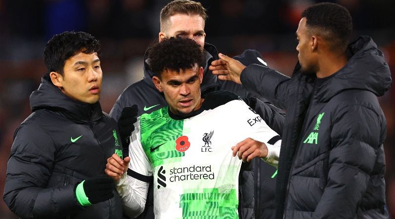 Luis Diaz is embraced by his Liverpool team-mates after scoring a late leveller against Luton in November 2023.