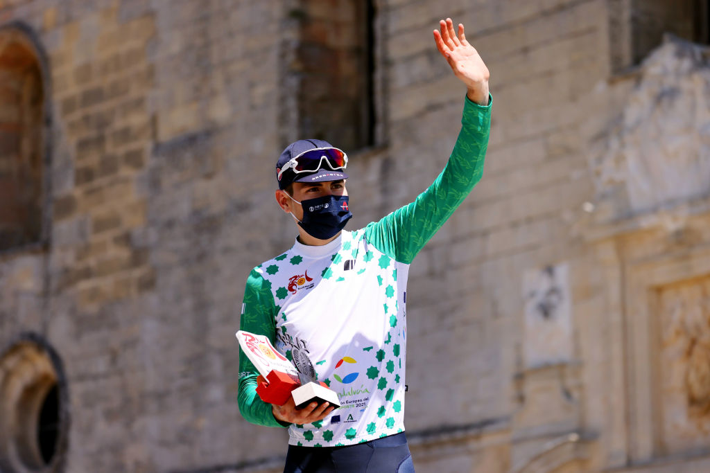 ALCALA LA REAL SPAIN MAY 19 Carlos Rodriguez Cano of Spain and Team INEOS Grenadiers best Andalusian rider jersey celebrates at podium during the 67th Vuelta A Andalucia Ruta Del Sol 2021 Stage 2 a 183km stage from Iznajar to Alcal la Real 1028m Mask Covid safety measures Trophy VCANDALUCIA on May 19 2021 in Alcala la Real Spain Photo by Gonzalo Arroyo MorenoGetty Images