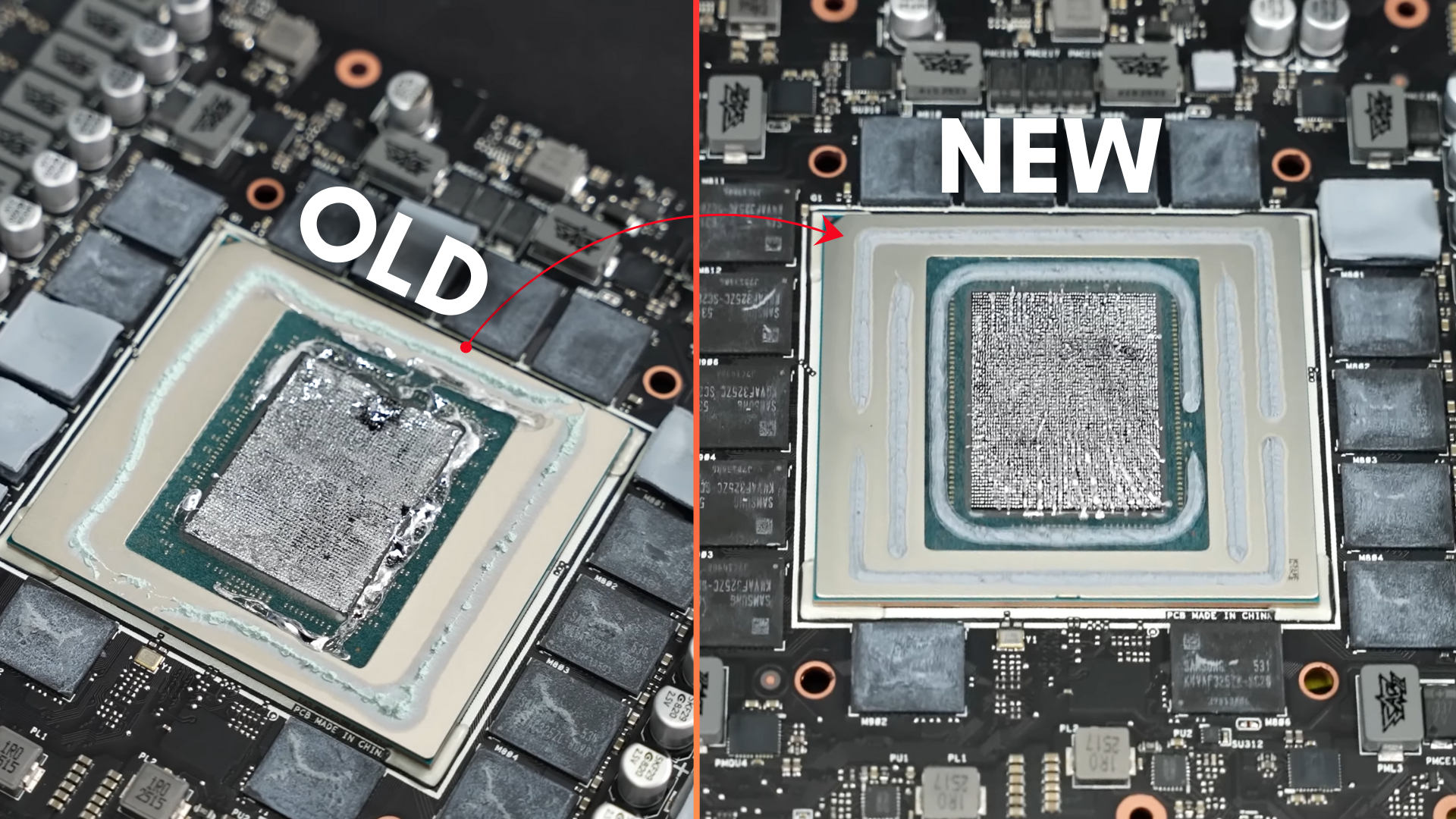 Old vs. new TIM application on Asus ROG Matrix RTX 5090 