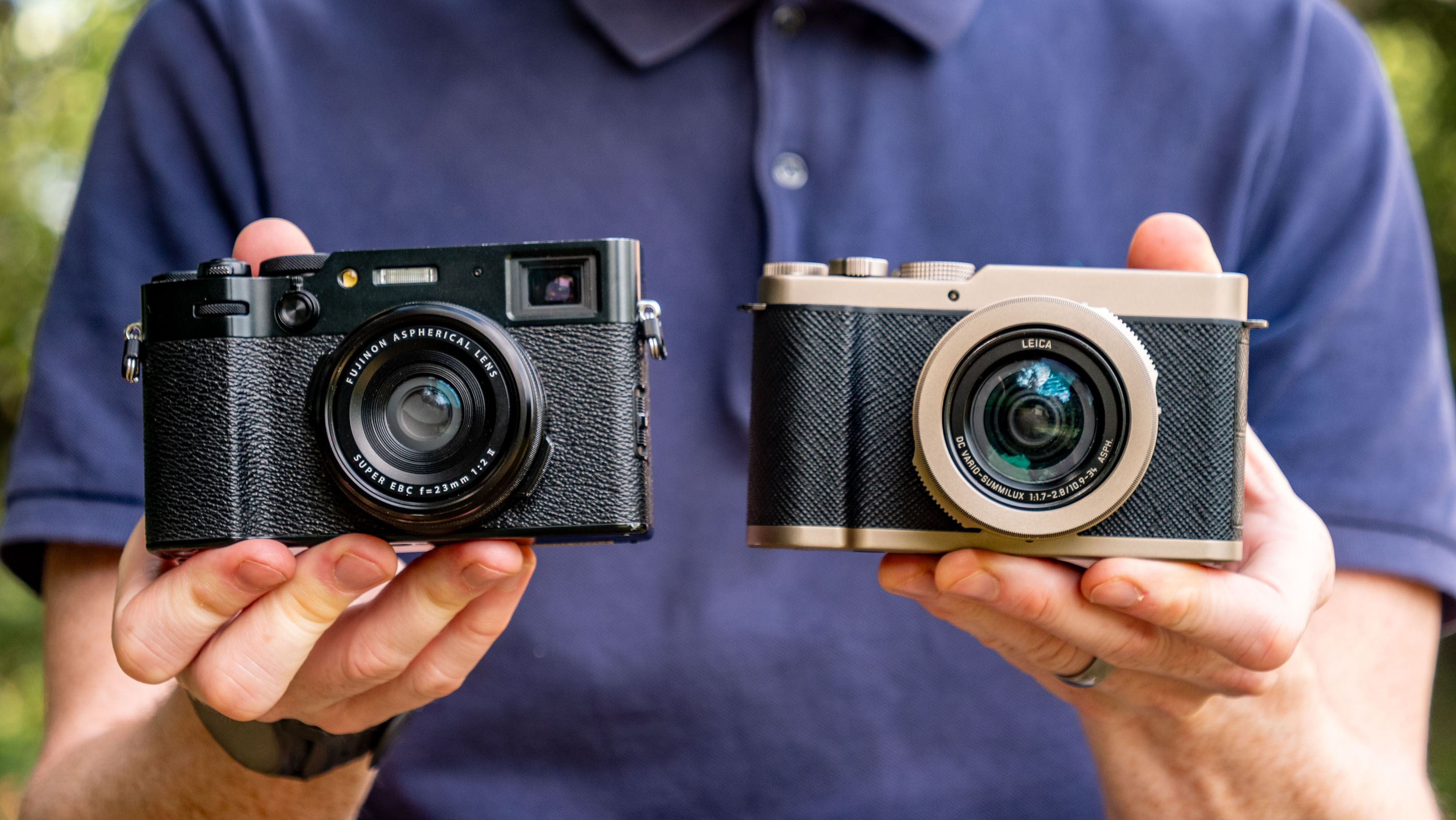 Fujifilm X100VI premium compact camera alongside the Panasonic Lumix L10 in tech journalist Tim Coleman's hands