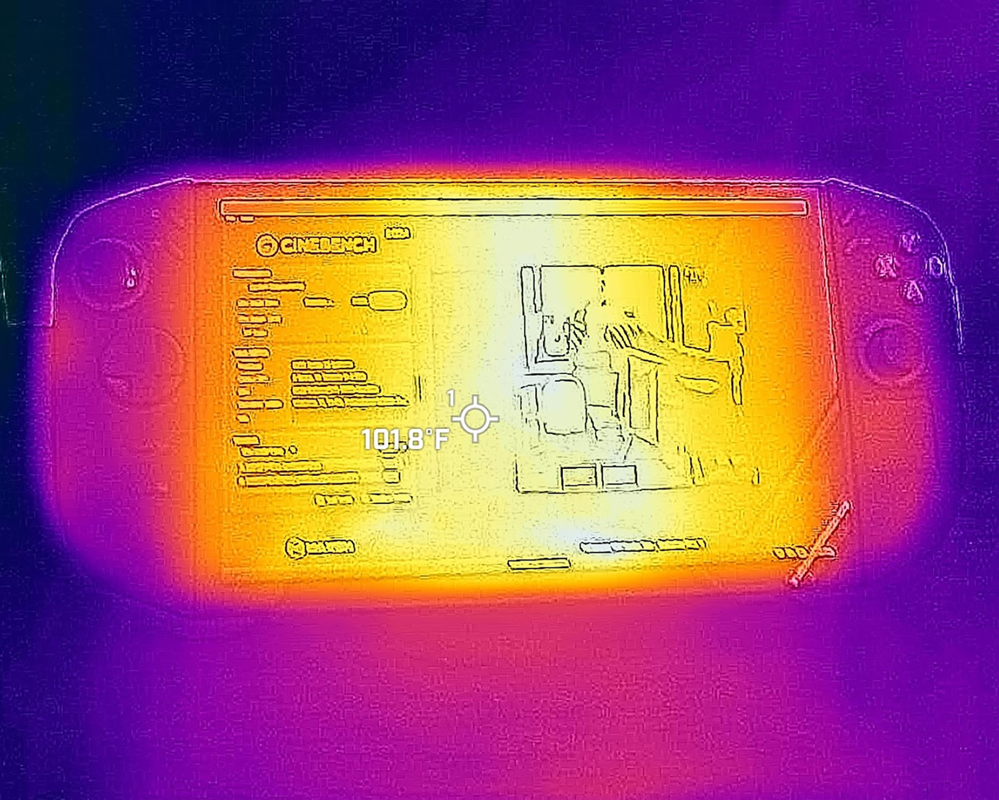 Thermal picture of the Lenovo Legion Go 2's screen measuring 101.8 degrees F around the center of the display.