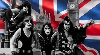 American theatrical glam rock group Kiss pose on Westminster Bridge in London at the start of their first ever European tour, May 1976. The band members are, from left to right; Paul Stanley, Peter Criss, Ace Frehley and Gene Simmons.