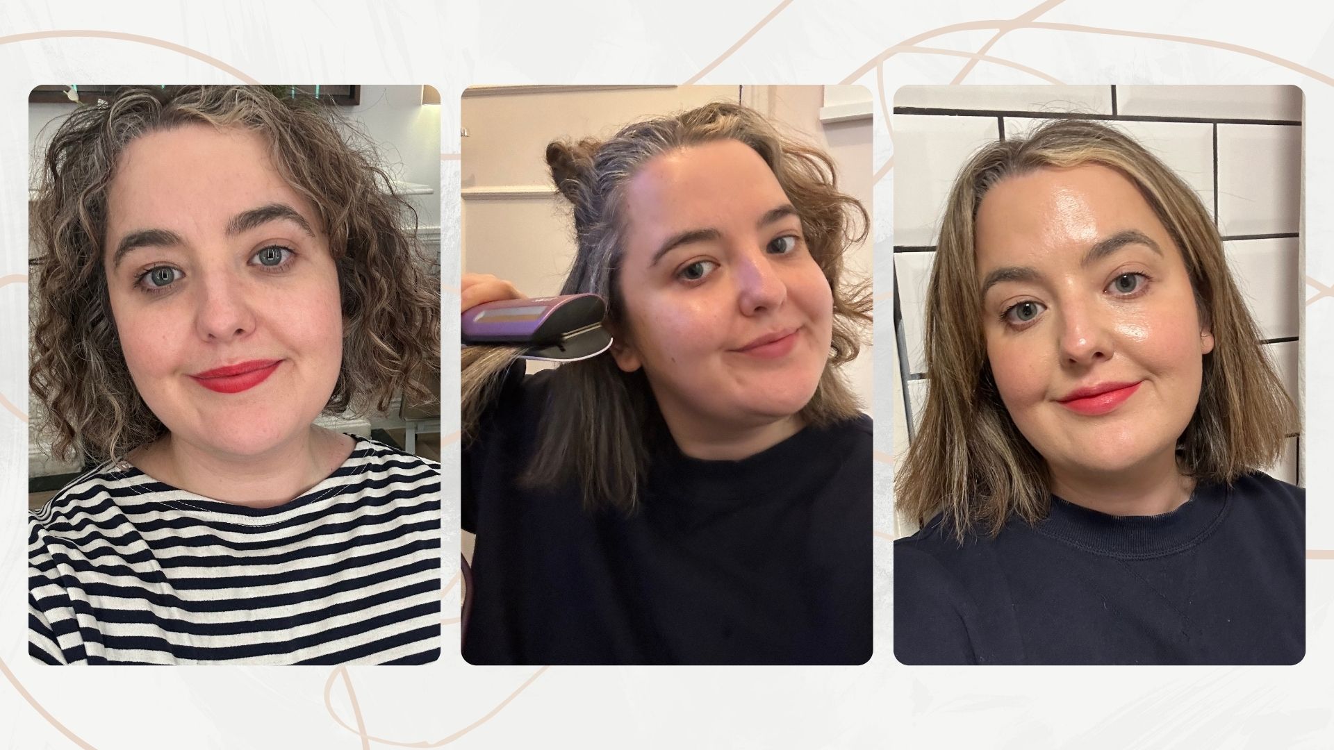 Three images of senior beauty editor Rhiannon Derbyshire - with her naturally curly, hair, using the Shark SilkiPro Straight, then after using it with straight her