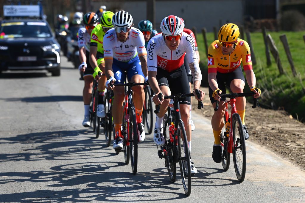 HARELBEKE BELGIUM MARCH 25 LR Jelle Wallays of Belgium and Team Cofidis and Norman Hansen Lasse of Denmark and UNO X Pro Cycling Team compete in the breakaway during the 65th E3 Saxo Bank Classic 2022 a 2039km one day race from Harelbeke to Harelbeke E3SaxobankClassic WorldTour on March 25 2022 in Harelbeke Belgium Photo by Tim de WaeleGetty Images