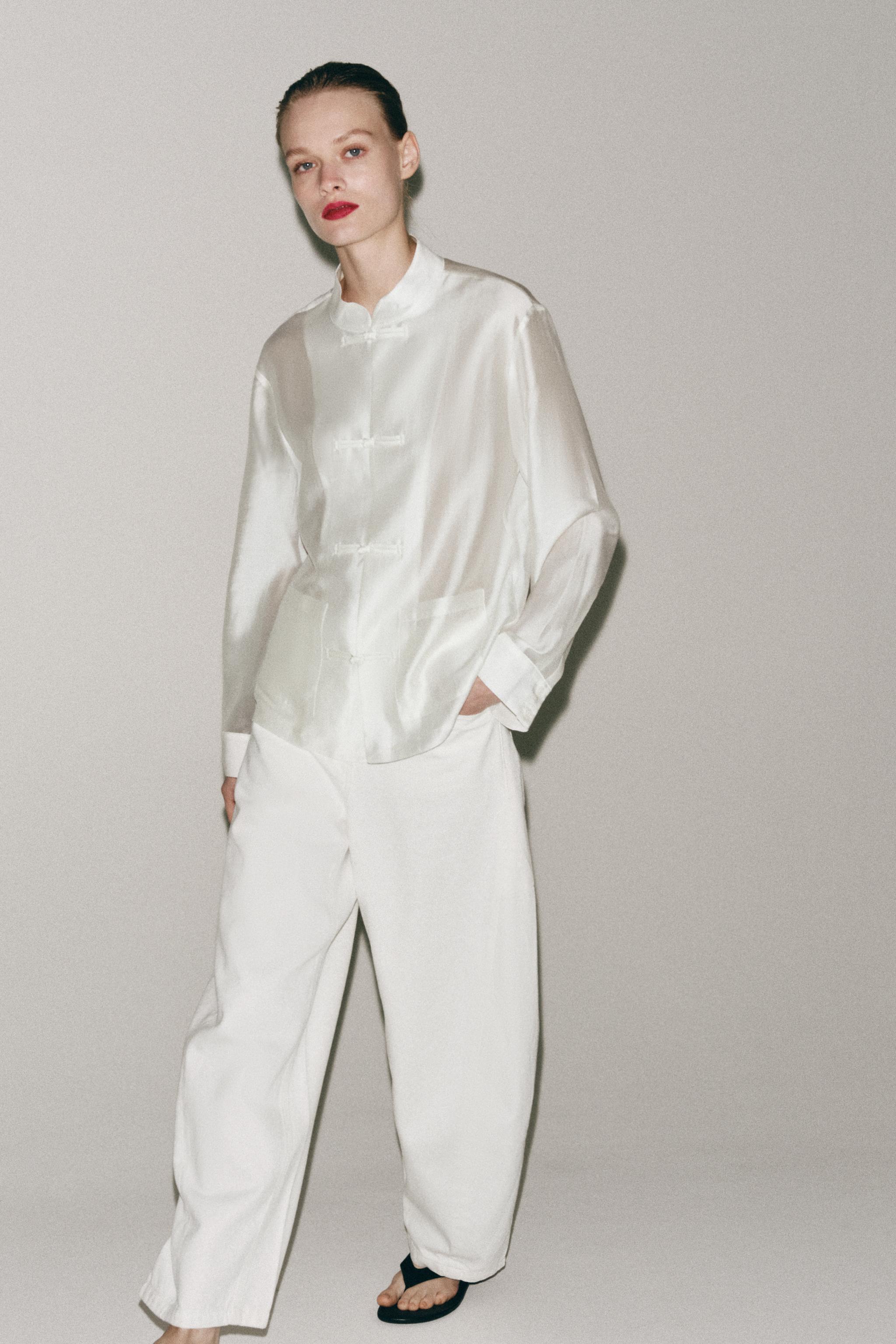 Zw Collection Satin Shirt With Frog Fastening - White - Xs