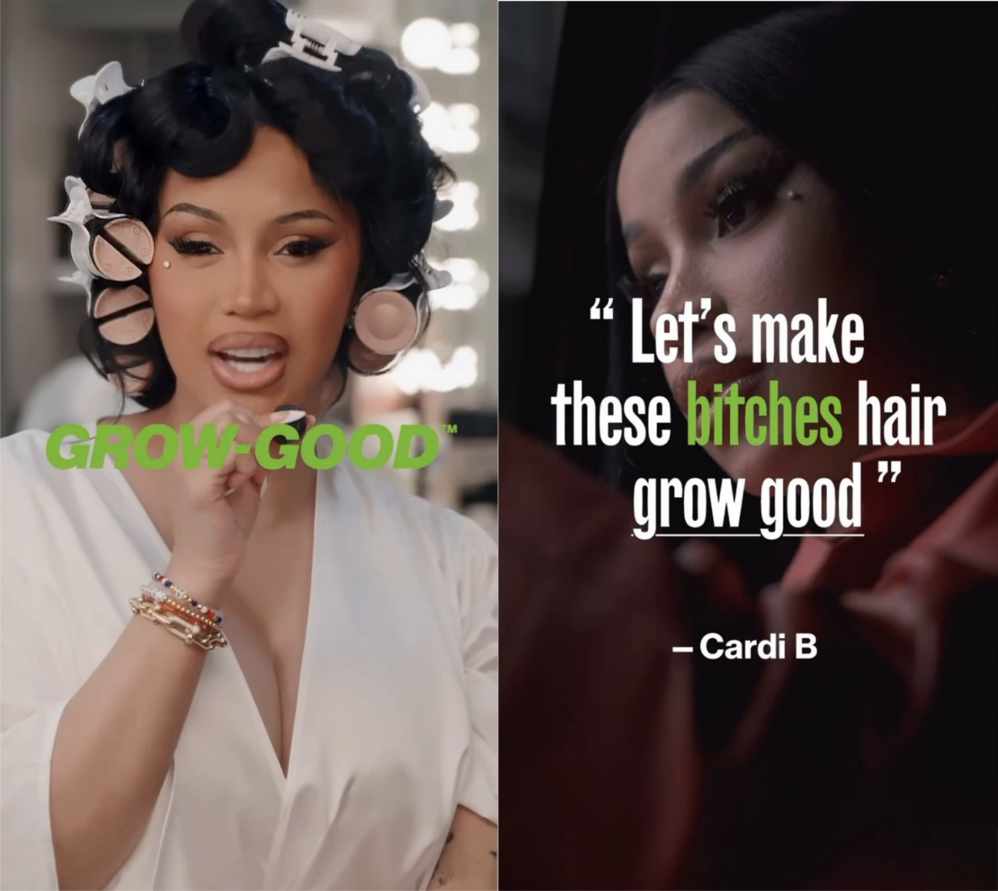 Grow Good Beauty white text over cardi b in a white shirt