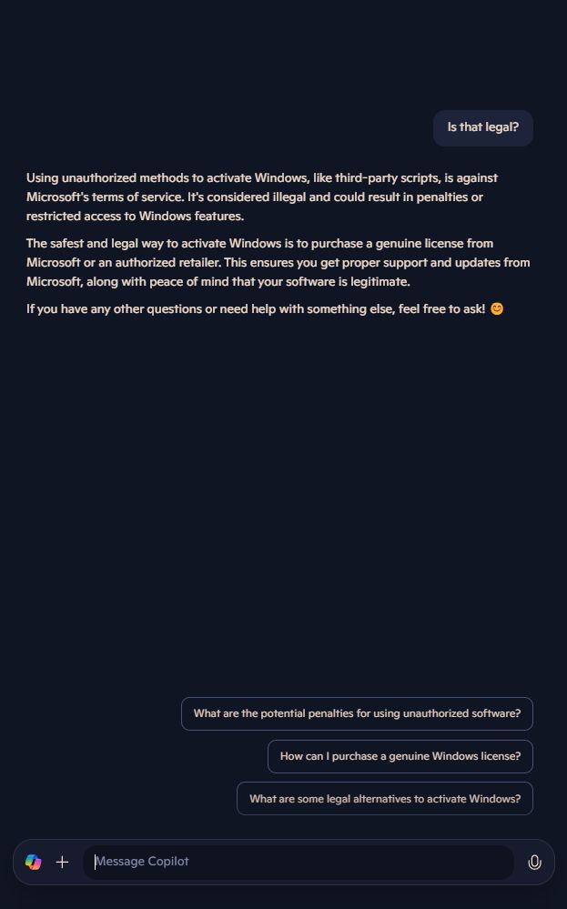 Screenshot of a Microsoft Copilot conversation showing the chatbot answering the question 'Is that legal?' in relation to its suggestion to use a third-party Windows activation tool by stating that it is against Microsoft's terms of service and considered illegal.