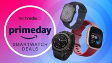 Apple Watch 8, Garmin Fenix 6X and Fitbit Versa on a pink and blue background