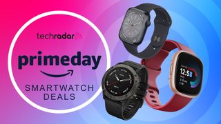 Apple Watch 8, Garmin Fenix 6X and Fitbit Versa on a pink and blue background