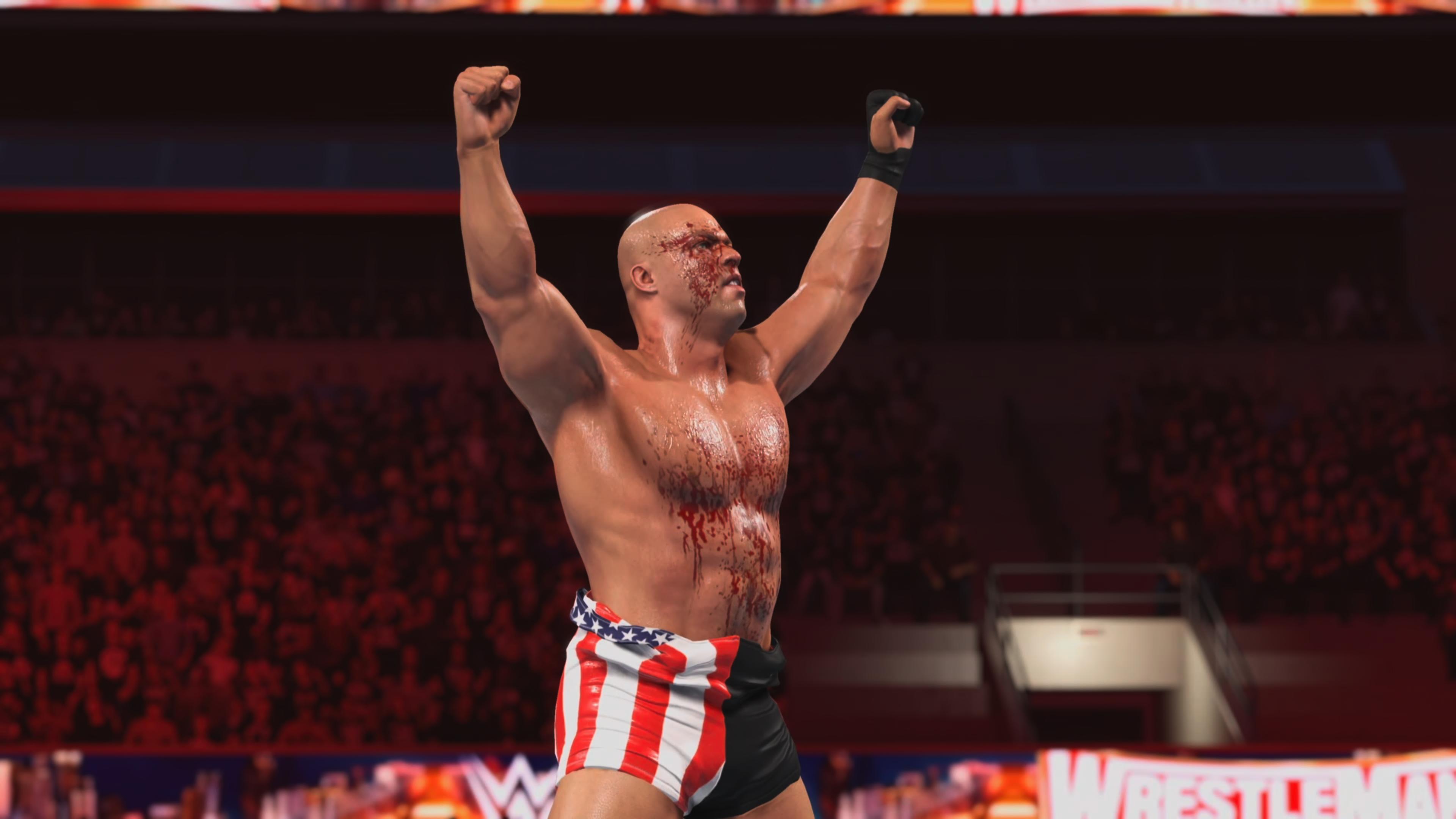 لقطات شاشة من داخل اللعبة من لعبة المصارعة WWE 2K26، تظهر المصارعين في الحلبة، وهم يقومون بالدخول، والساحة